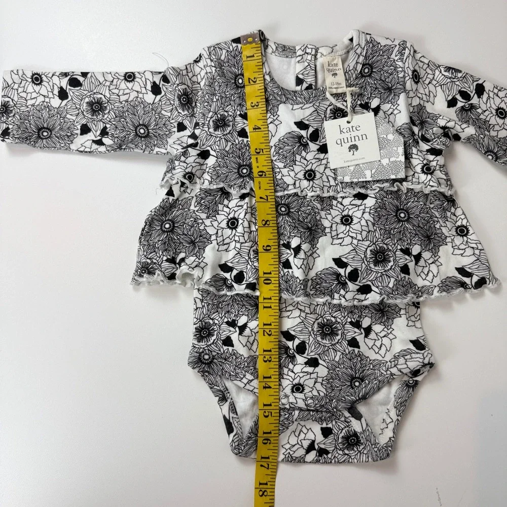 Kate Quinn 12-18M Organic Cotton Floral Ruffle Long Sleeve Bodysuit Black White
